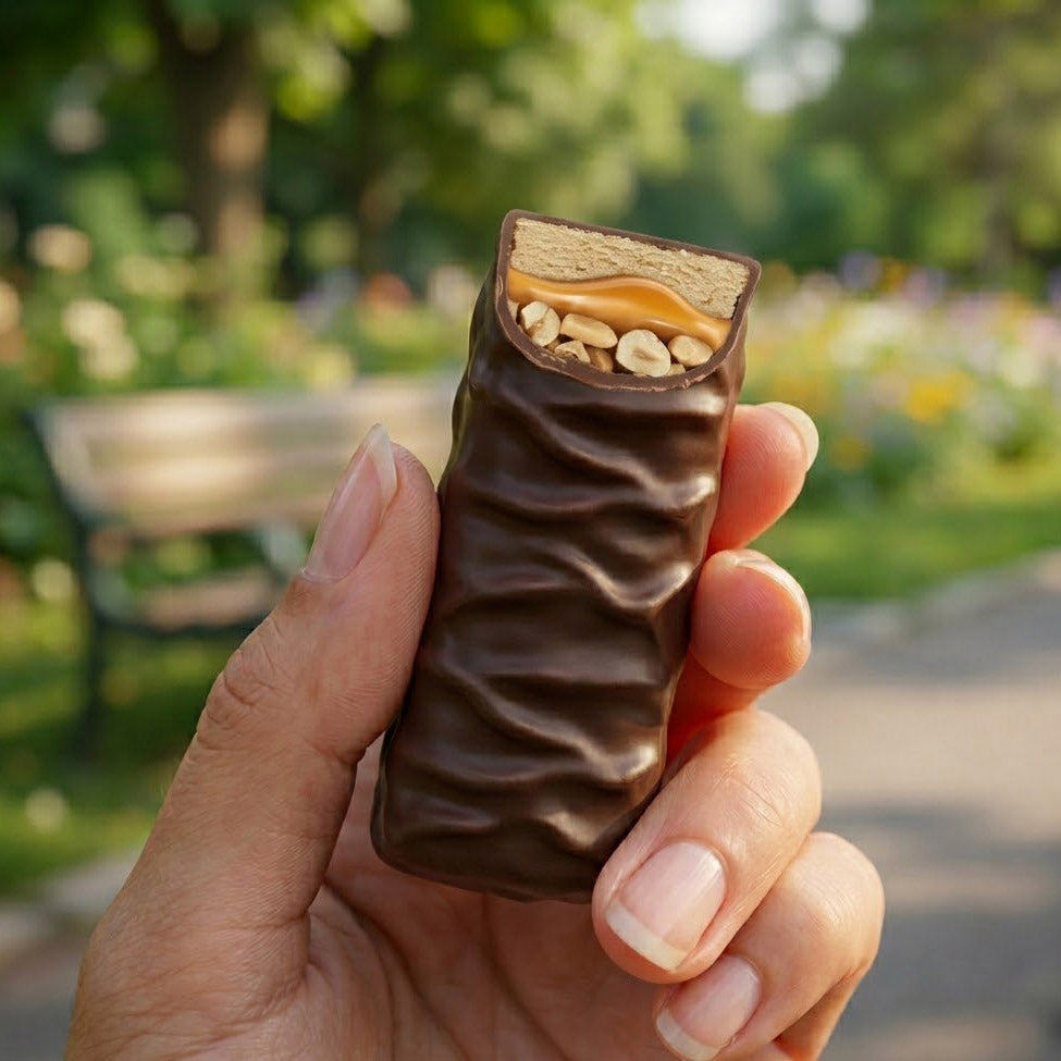 A hand holding an AtLast! Mini protein bar in a park setting