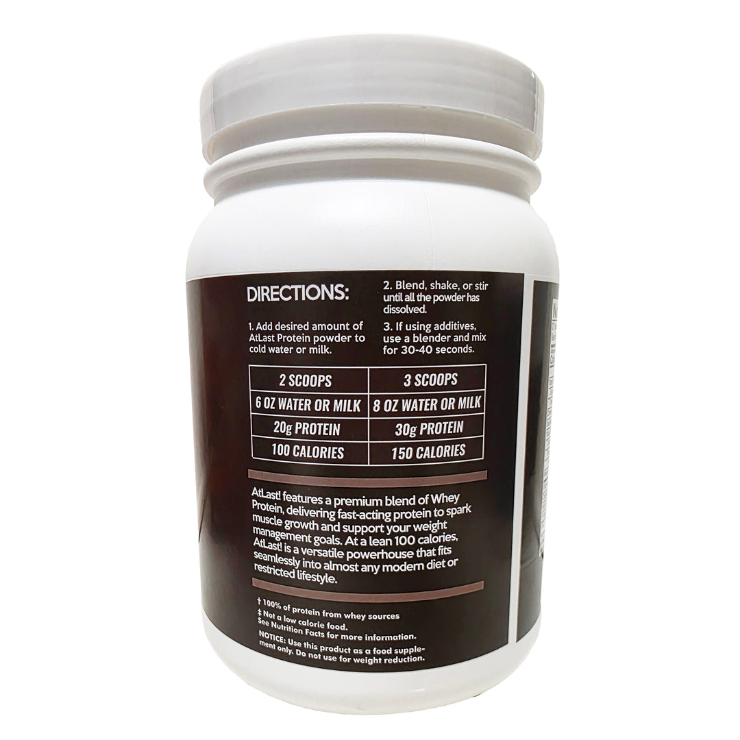 AtLast! Chocolate Whey Protein Powder – 20g Protein, 100 Calories, 3g Net Carb