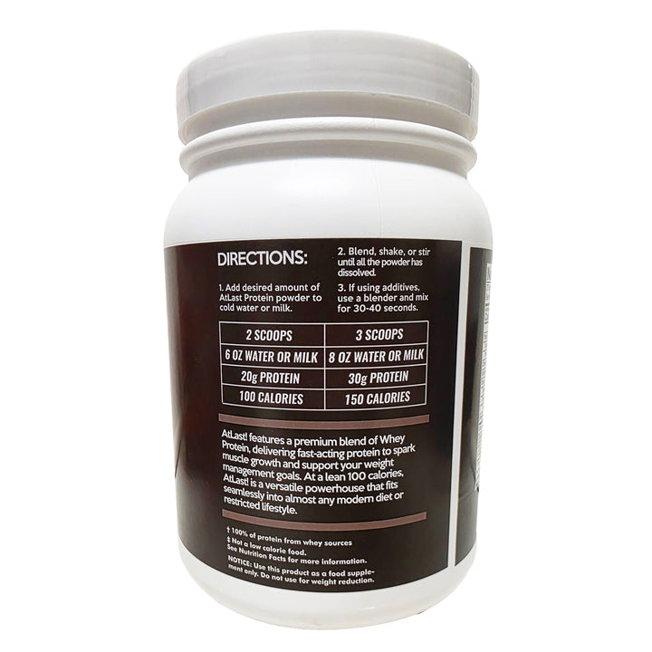 AtLast! Chocolate Whey Protein Powder – 20g Protein, 100 Calories, 3g Net Carb
