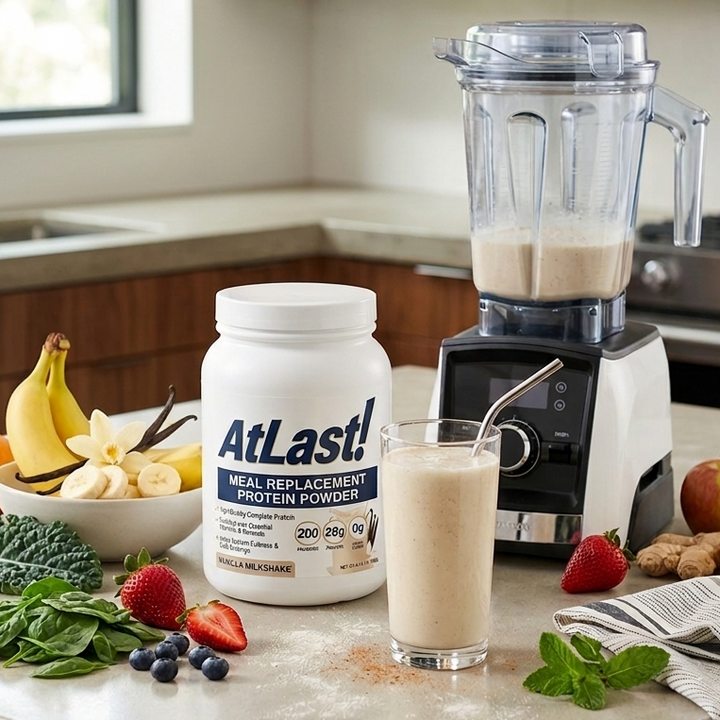 AtLast! Vanilla Milkshake meal replacement protein powder on kitchen counter with blended shake, banana, strawberries, and fresh greens