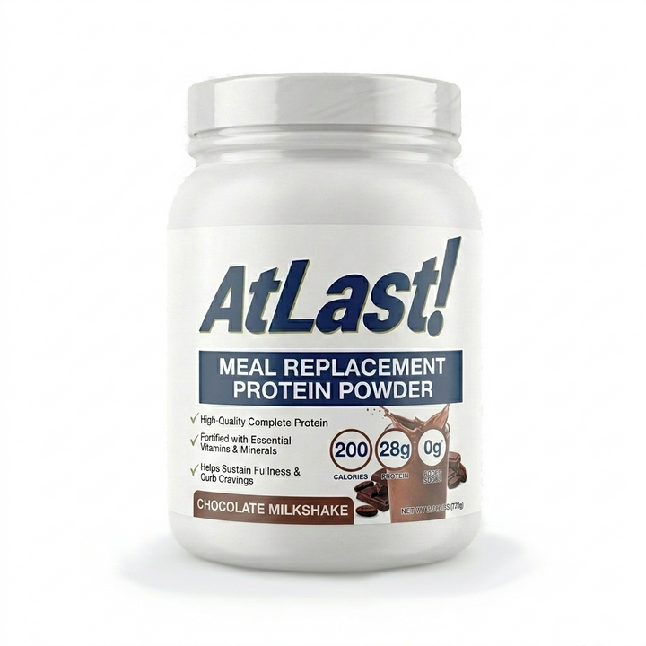 AtLast! Chocolate Milkshake meal replacement protein powder 2.14 lb container front label