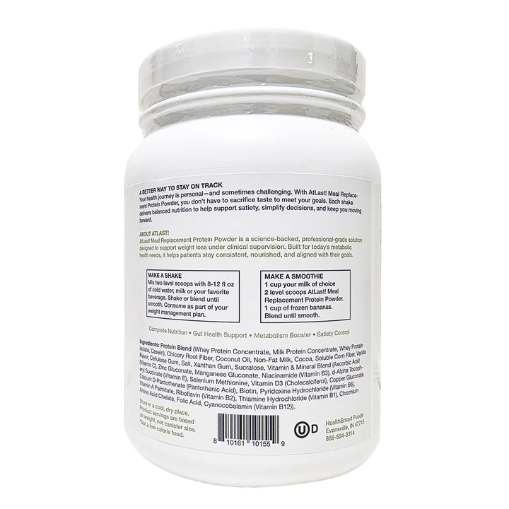 Rich chocolate meal replacement shake poured in glass made with AtLast! protein powder