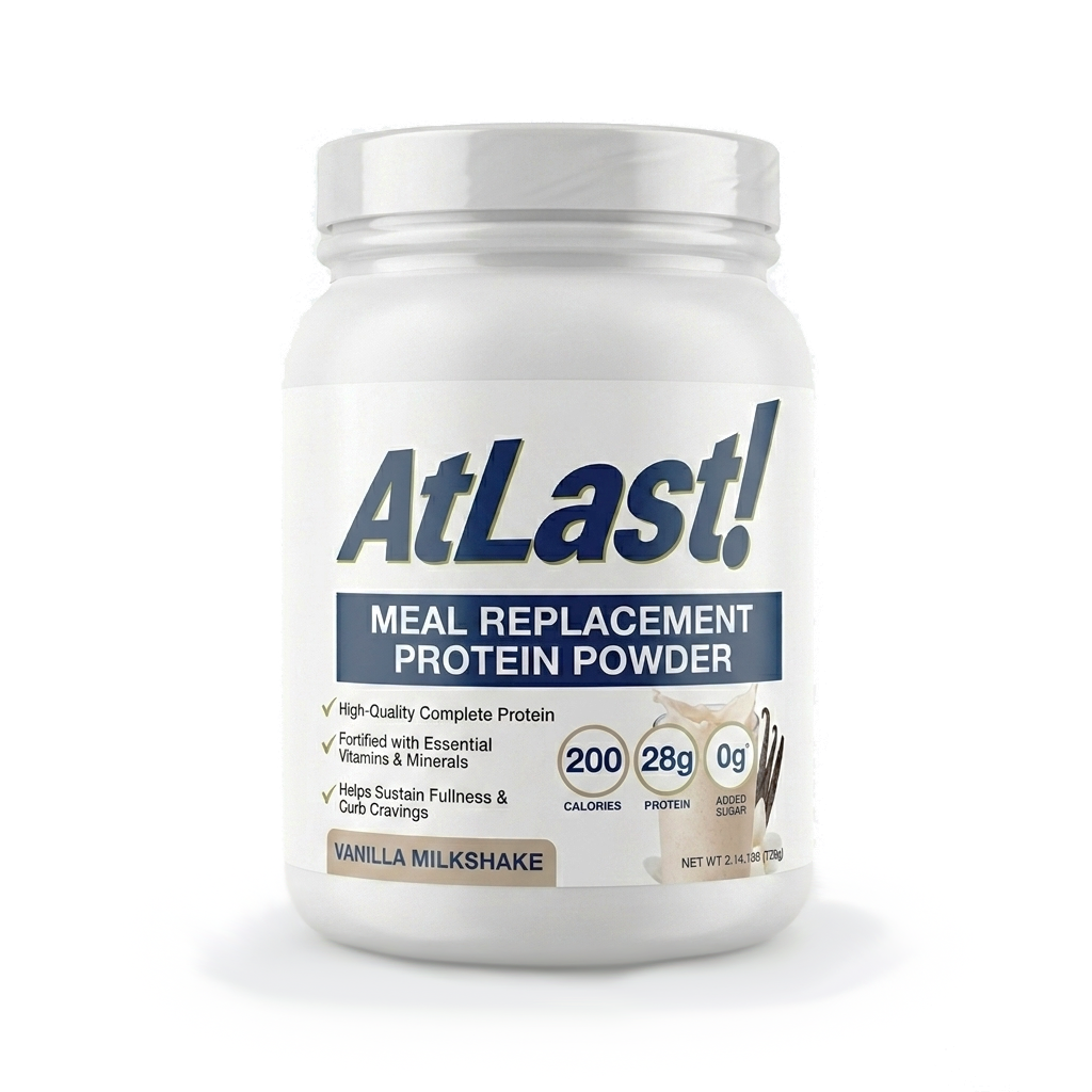 AtLast! Vanilla Milkshake meal replacement protein powder 2.14 lb container front label