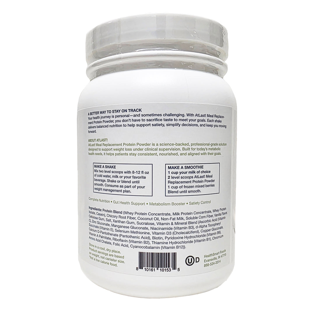 AtLast! vanilla meal replacement protein powder ingredients and directions back label