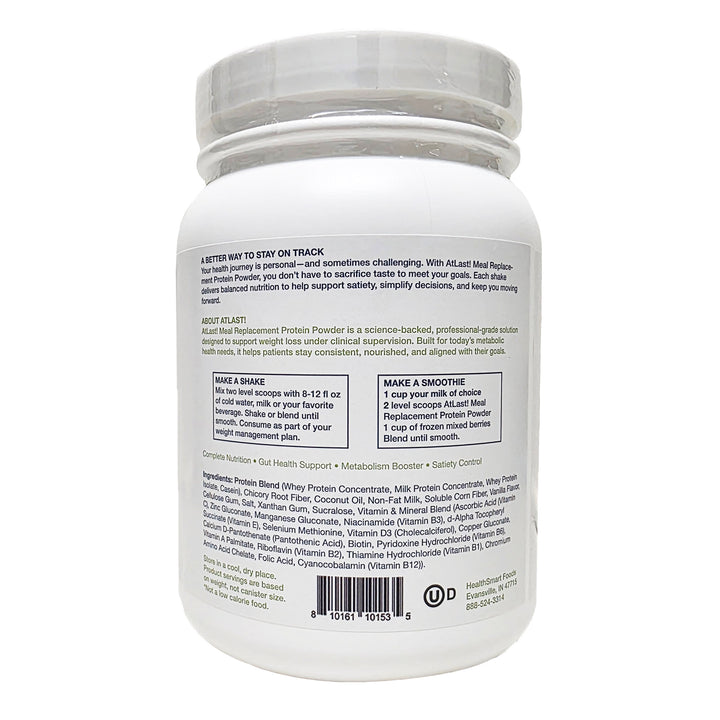 AtLast! vanilla meal replacement protein powder ingredients and directions back label